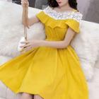 Color-block Lace Off-shoulder Short-sleeve Dress