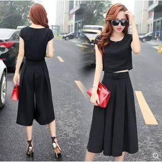 Set: Short-sleeve Plain Top + High Waist Wide-leg Pants