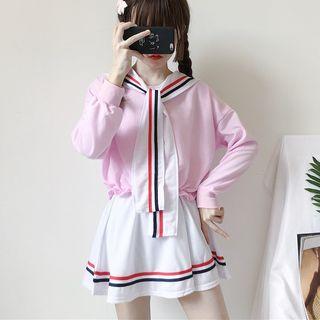Set: Sailor Collar Sweatshirt + A-line Skirt Sweatshirt - Pink - One Size / Skirt - White - One Size