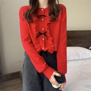 Ruffled Bow-accent Knit Cardigan
