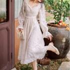 Flared-cuff Floral Embroidered A-line Dress