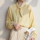 Long-sleeve Tie-neck Plaid Top Gingham - Yellow - One Size