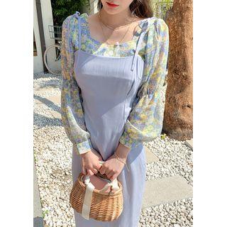 Square-neck Floral Chiffon Blouse Sky Blue - One Size