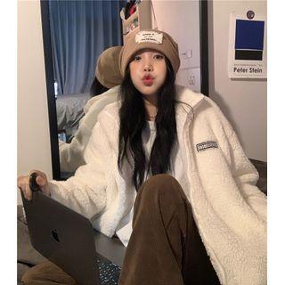 Faux Shearling Lettering Zip Oversize Jacket