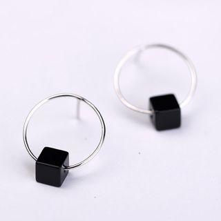 925 Sterling Silver Black Cube Mini Hoop Earring Silver - One Size