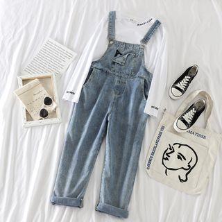 Long-sleeve Letter Printed T-shirt / Lettering Denim Jumper Pants