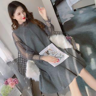Set: Embellished Long-sleeve Top + V-neck Sleeveless A-line Dress