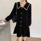 Long-sleeve Collared Ruffle Hem Mini A-line Dress Black - One Size