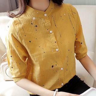 Printed Stand Collar Elbow-sleeve Shirt