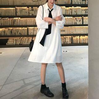 Long-sleeve Midi A-line Shirtdress With Tie / Long Knit Vest