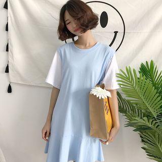Two-tone Ruffle Hem Short-sleeve A-line Dress