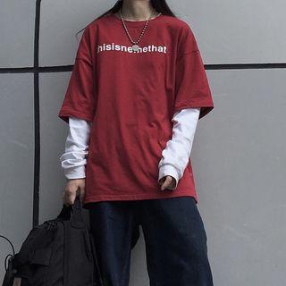 Elbow-sleeve Lettering T-shirt Wine Red - One Size