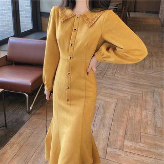 Buttoned Long-sleeve Ruffle Hem Sheath Dress