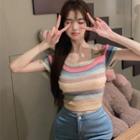 Square Neck Striped Knit Crop Top Stripes - Pink & Blue & Almond - One Size