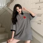 Elbow-sleeve Strawberry Embroidered Striped Polo Shirt Stripe - Black - One Size