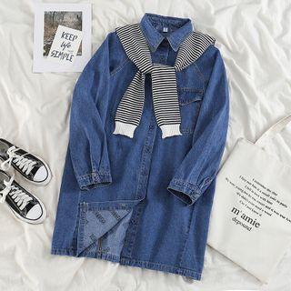 Long-sleeve Loose-fit Denim Dress / Striped Shawl