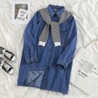 Long-sleeve Loose-fit Denim Dress / Striped Shawl