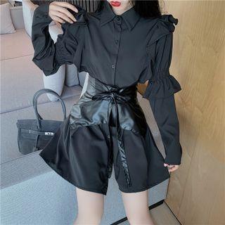 Puff-sleeve Ruffled A-line Dress / Faux Leather Belt