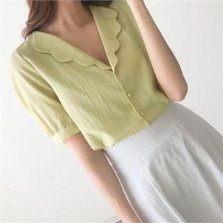 Scalloped Shawl-collar Puff-sleeve Blouse