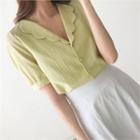 Scalloped Shawl-collar Puff-sleeve Blouse