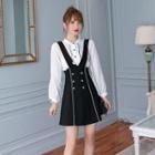 Set: Long-sleeve Frill Trim Shirt + A-line Mini Suspender Dress