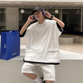 Set: Mock Two-piece Elbow-sleeve Hooded T-shirt + Wide Leg Shorts