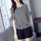 Set: Elbow-sleeve Striped Top + Shorts