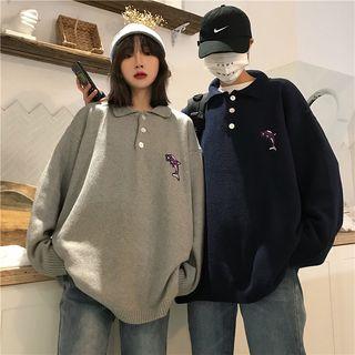 Dolphin Embroidered Polo Knit Top