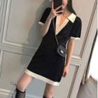 Short-sleeve Contrast Collar Knit Mini A-line Dress Black - One Size