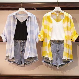 Set: Sleeveless Top + Frayed Hem Ripped Denim Shorts + Long-sleeve Checker Shirt