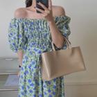 Puff-sleeve Shirred Floral Print Midi A-line Dress