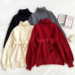 Plain Turtle-neck Long-sleeve Lace-up Sweater With Belt