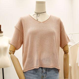 Short-sleeve V-neck Loose Knit Top