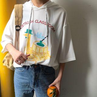 Printed Elbow-sleeve Hooded T-shirt