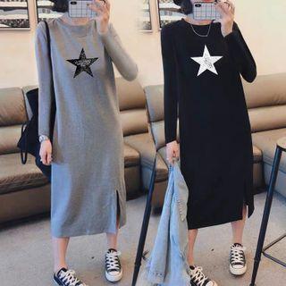 Star Print Long-sleeve Midi T-shirt Dress