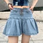 Lace-up Pleated A-line Denim Skirt