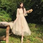 Puff-sleeve Floral Embroidered A-line Dress / Lace Jacket