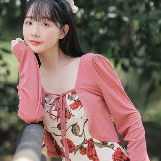 Lace Up Cardigan / Halter Floral Midi A-line Dress / Spaghetti Strap Midi Dress
