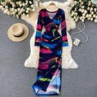 V-neck Long-sleeve Print Slit Dress