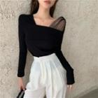Long-sleeve Square-neck Mesh Panel Top