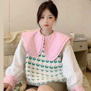 Peter Pan Collar Two-tone Shirt + Patterned Knit Vest