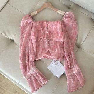 Long-sleeve Button-up Print Chiffon Top