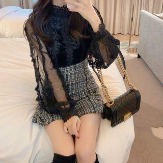 Mock-turtleneck Crochet Trim Blouse
