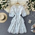 V Collar Puff-sleeve Embroidered Flower Dress