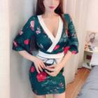 Elbow-sleeve Floral Mini Robe Dress