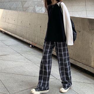 Color Block Long-sleeve T-shirt / Plaid Wide-leg Pants