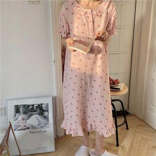 Puff-sleeve Cherry Print Midi Sleep Dress