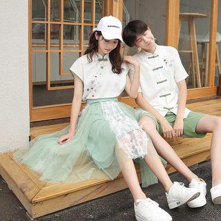Couple-matching Short-sleeve Qipao Top / Midi A-line Skirt / Short-sleeve Cheongsam Top / Shorts / Set