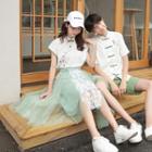 Couple-matching Short-sleeve Qipao Top / Midi A-line Skirt / Short-sleeve Cheongsam Top / Shorts / Set