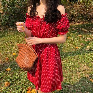 Drop Shoulder Polka Dot A-line Dress Red - One Size